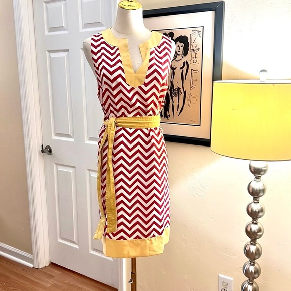 Mud Pie,Red & Yellow, Garnet & Gold Lightweight Chevron Dress, EUC, Size Large - Picture 7 of 10